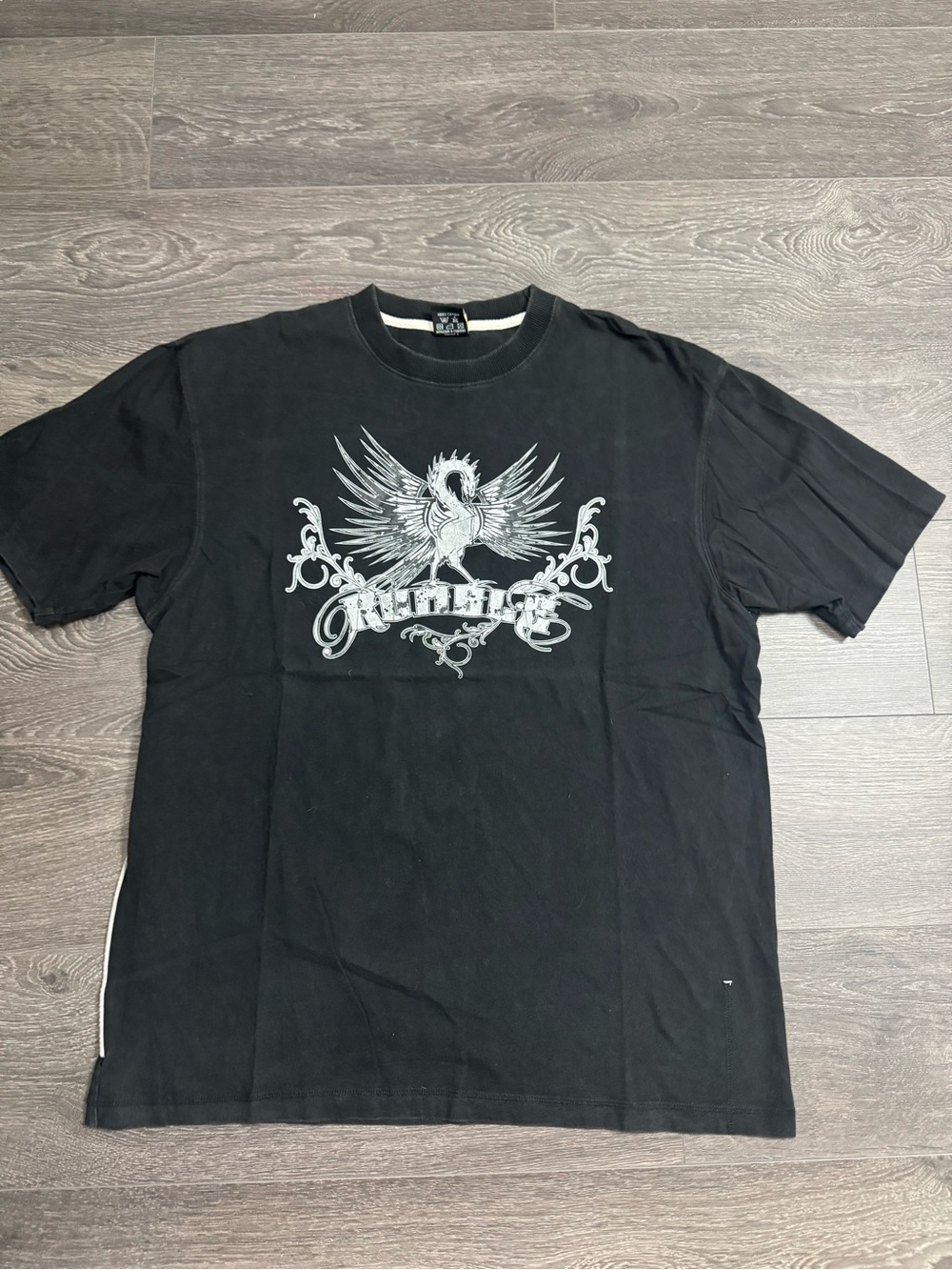Black Graphic Crew Tee with Silver Wing Emblem
